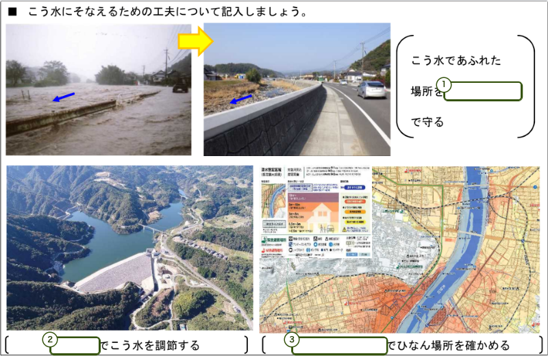 洪水に備える工夫を問う小学5年理科の写真付きプリントに、3つの回答欄を重ねた画面